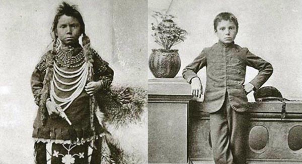 LEFT: Thomas Moore as he appeared when admitted to the Regina Indian Industrial School, May 1874 (DETAIL). RIGHT: Thomas Moore, after tuition at the Regina Indian Industrial School. Source: Library and Archives Canada/Annual report of the Department of Indian Affairs (1896)/AMICUS 90778/nlc-01524, 90778/nlc-01525